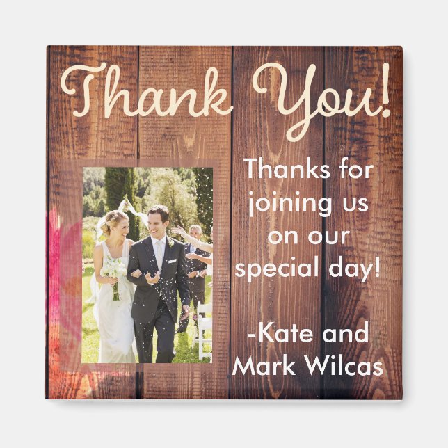 Rustic Wood Floral Thank You Wedding Magnet (Front)