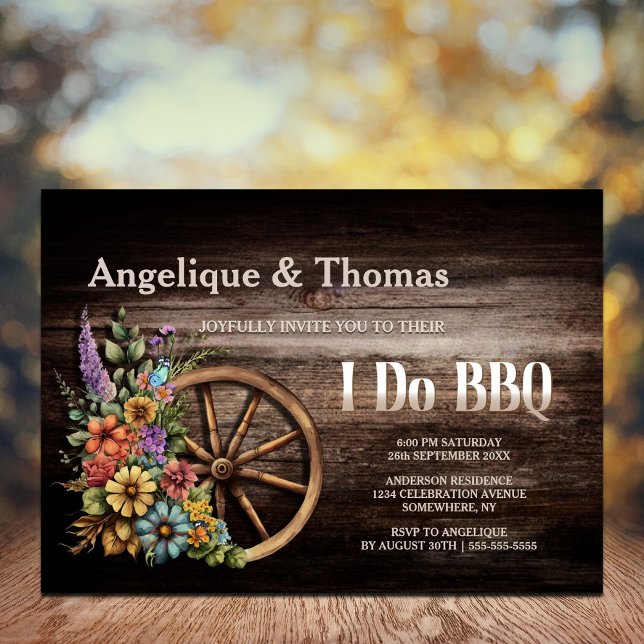 Rustic Wood Floral Wagon Wheel I Do BBQ Invitation (Creator Uploaded)