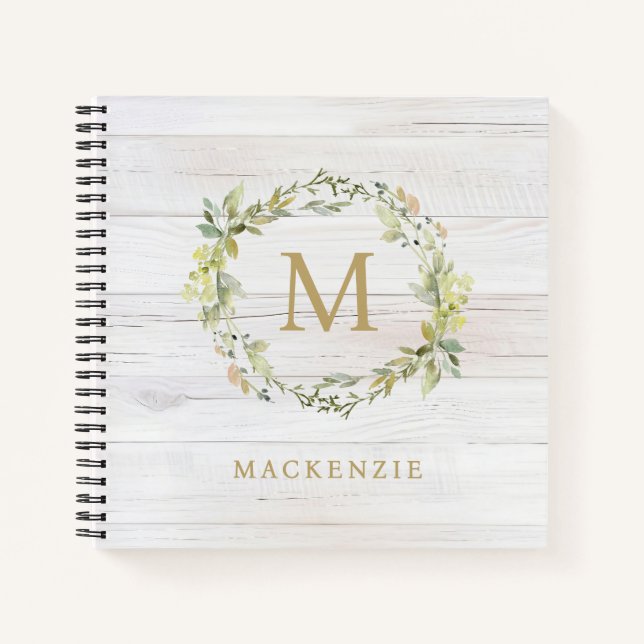 Rustic Wood Floral Watercolor Monogram Notebook (Front)