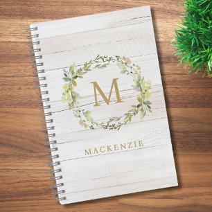 Rustic Wood Floral Watercolor Monogram Notebook