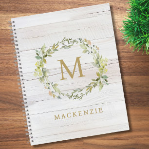 Rustic Wood Floral Watercolor Monogram Notebook