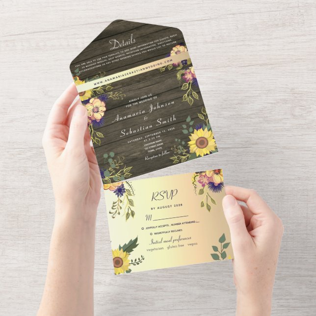 Rustic Wood Floral Wedding All In One Invitation (Tearaway)