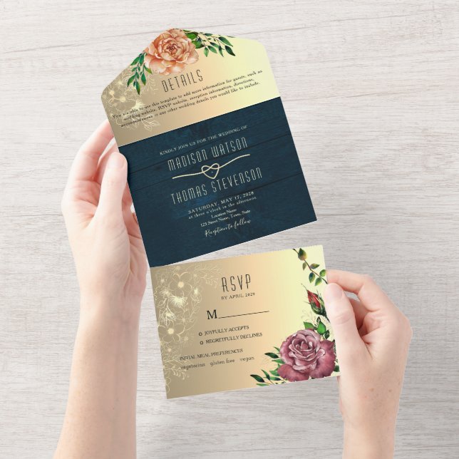 Rustic Wood Floral Wedding All In One Invitation (Tearaway)