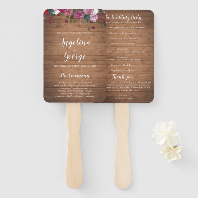 Rustic wood floral wedding program fan (Front and Back)