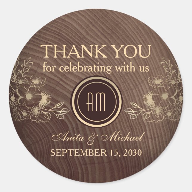 Rustic Wood Floral Wedding Thank You Classic Round Sticker (Front)