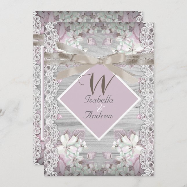 Rustic Wood Floral Wedding White Lace Pink Invitation (Front/Back)