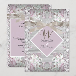 Rustic Wood Floral Wedding White Lace Pink Invitation