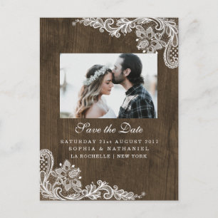 Rustic Wood Floral White Lace Photo Save the Date Announcement Postcard