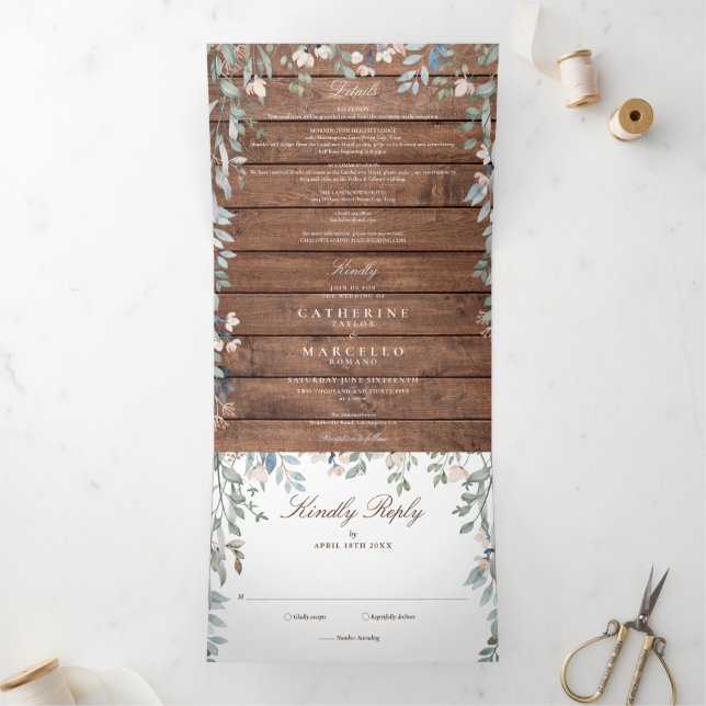 Rustic Wood Floral Wildflowers Photo Wedding Tri-Fold Invitation (Inside)