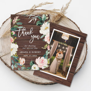 Rustic Wood Floral Wreath Photo Thank You Card