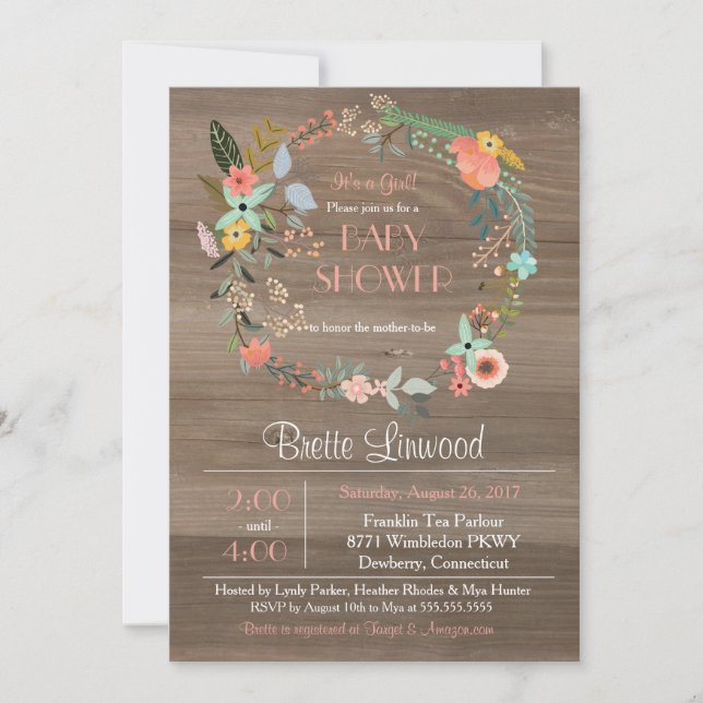 Rustic Wood, Floral Wreath Shabby Chic Baby Shower Invitation (Front)