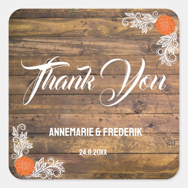 Rustic Wood & Flower Square Sticker (Front)