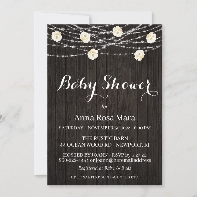 *~* Rustic Wood Flowers Lights Roses Baby Shower Invitation (Front)