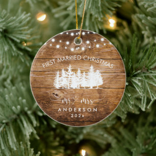 Rustic Wood Forest Lights First Married Christmas  Ceramic Ornament