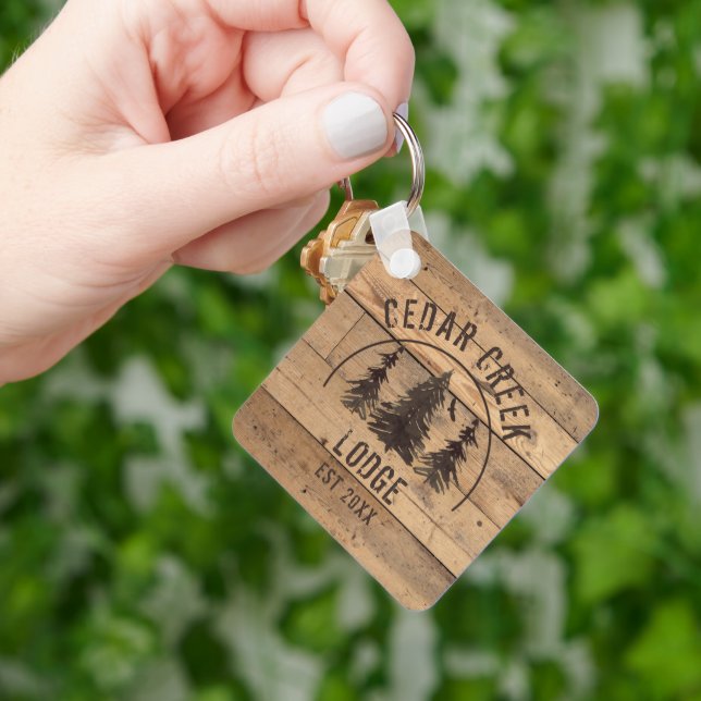 Rustic Wood Forest Trees Cabin Rental Property Keychain (Hand)