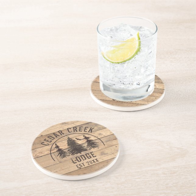Rustic Wood Forest Trees Personalized Sandstone Coaster (Side)