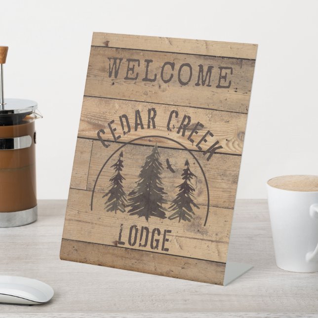 Rustic Wood Forest Trees Personalized Welcome Pedestal Sign (In SItu)