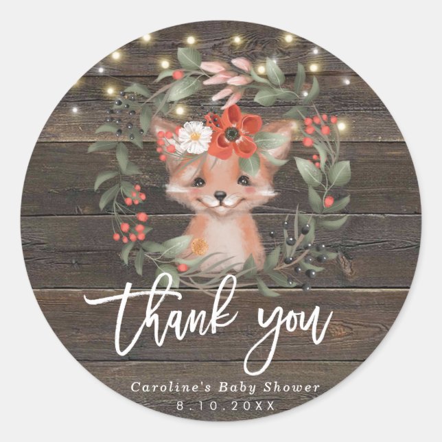 rustic wood fox baby shower thank you sticker (Front)