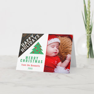 Rustic Wood Fun Green Red Family Christmas Photo Holiday Card