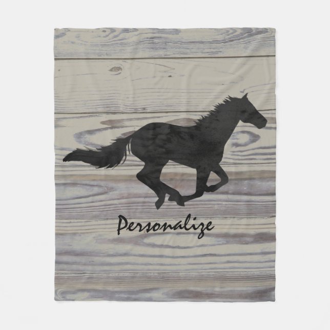 Rustic Wood Galloping Horse Watercolor Silhouette Fleece Blanket (Front)