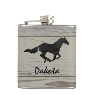 Rustic Wood Galloping Horse Watercolor Silhouette Hip Flask
