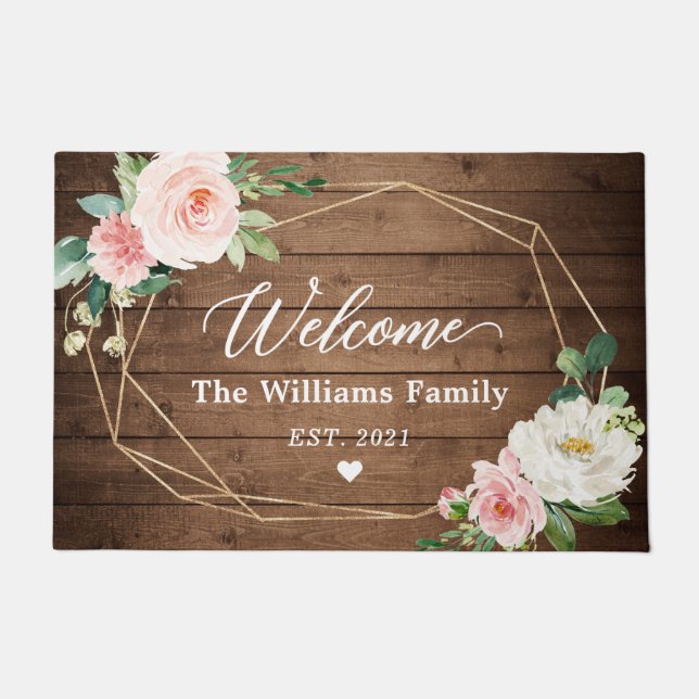 Rustic Wood Geometric Frame Blush Flowers Welcome Doormat (Front)