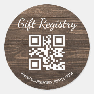 rustic wood gift registry qr code baby shower classic round sticker