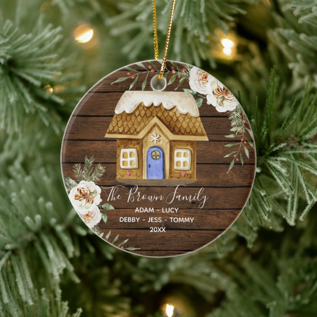 Rustic Wood Gingerbread Family Christmas House  Ceramic Ornament (Tree)