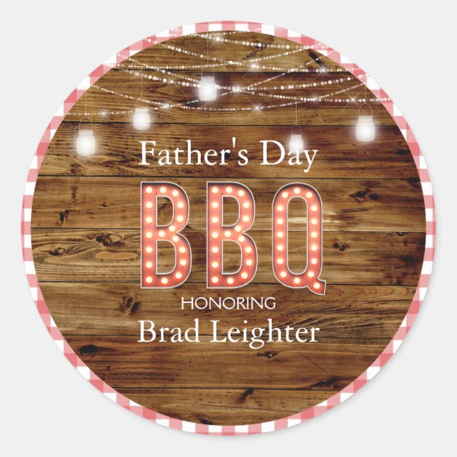 Rustic Wood Gingham Father's Day BBQ Classic Round Sticker (Front)