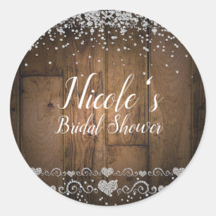 Rustic Wood Glam Diamonds Glitter Party Favour Classic Round Sticker