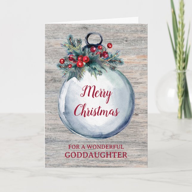 Rustic Wood Goddaughter Merry Christmas Card (Front)