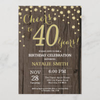 Rustic Wood Gold 40th Birthday Diamond