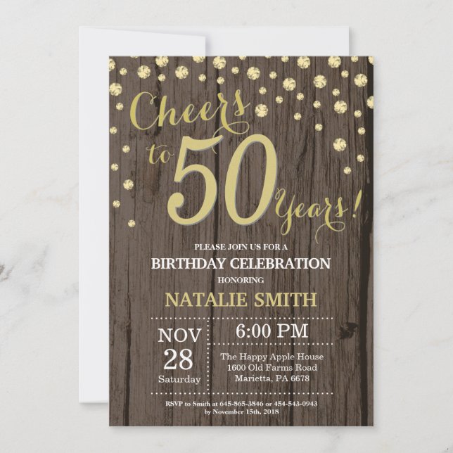 Rustic Wood Gold 50th Birthday Diamond Invitation (Front)