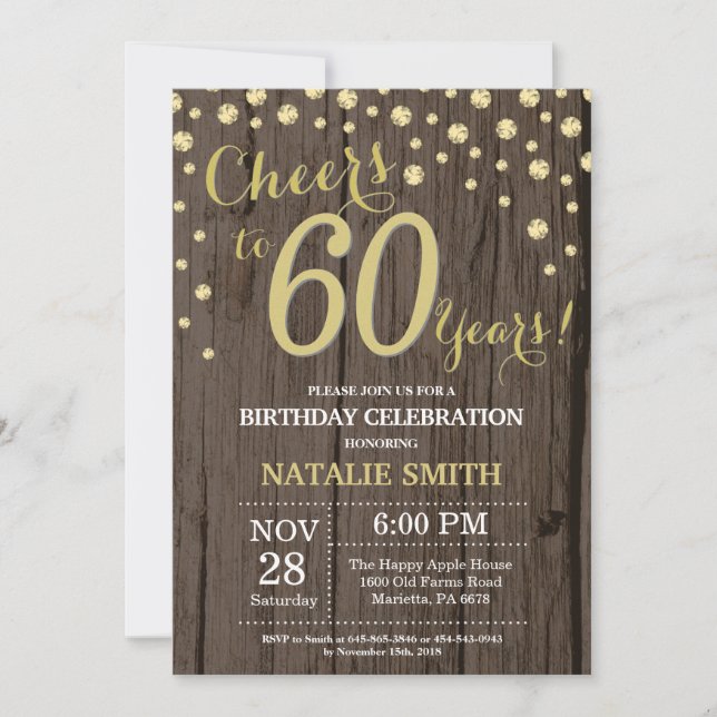 Rustic Wood Gold 60th Birthday Diamond Invitation (Front)