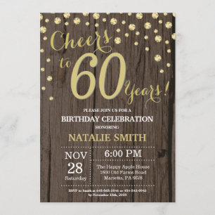 Rustic Wood Gold 60th Birthday Diamond Invitation