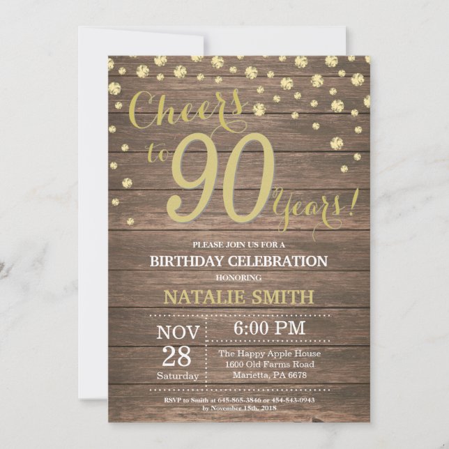 Rustic Wood Gold 90th Birthday Diamond Invitation (Front)