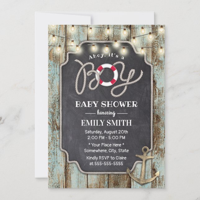 Rustic Wood Gold Anchor Nautical Boy Baby Shower Invitation (Front)