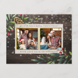 Rustic Wood & Gold Christmas Berries Holiday Photo Postcard