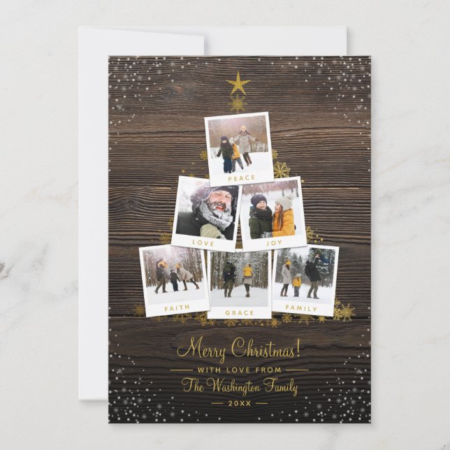 Rustic Wood & Gold Christmas Tree 6 Photo Card (Front)