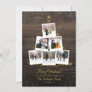 Rustic Wood & Gold Christmas Tree 6 Photo Card