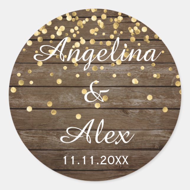 Rustic Wood Gold Confetti Wedding Thank You Classic Round Sticker (Front)