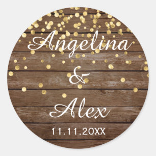 Rustic Wood Gold Confetti Wedding Thank You Classic Round Sticker