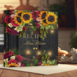 Rustic wood gold floral bridal shower recipes binder<br><div class="desc">Rustic floral sunflowers and roses borders,  two golden hearts,  and an elegant faux gold typography script on a dark brown barn wood background with strings of twinkle lights making a beautiful personalized recipe binder.                              It can be a beautiful present for a bride or a newlywed couple!</div>