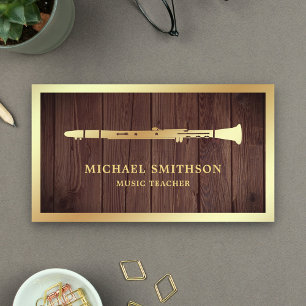 Rustic Wood Gold Foil Clarinet Music Teacher Business Card