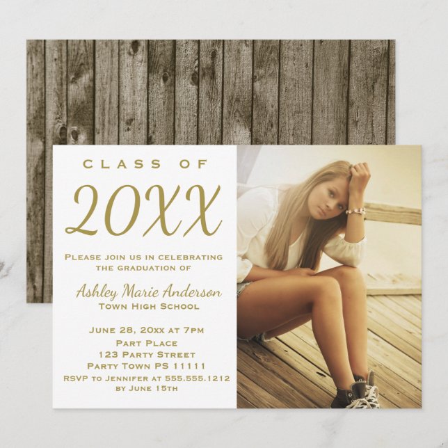 Rustic Wood Gold Graduation Party Photo Invitation (Front/Back)