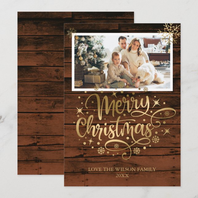 Rustic Wood Gold Joyeux Carte photo de Noël (Devant / Derrière)