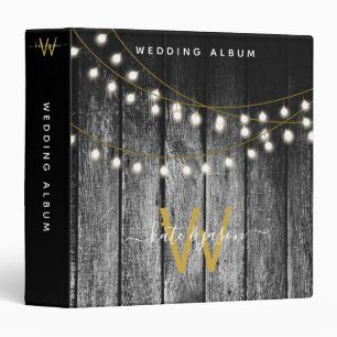 Rustic Wood Gold Lights Monogram Wedding Album Binder