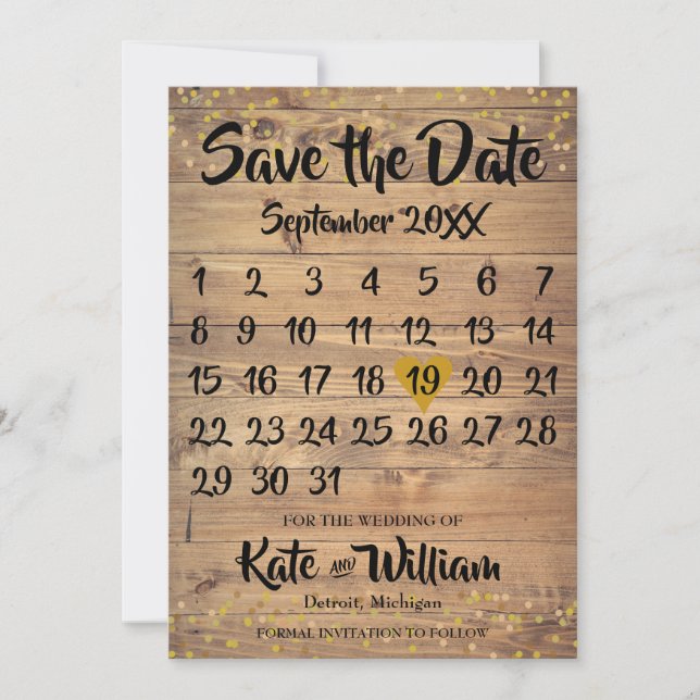 Rustic Wood Gold Love Heart Calendar Save the Date (Front)