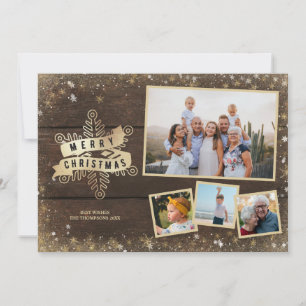 Rustic Wood Gold Snowflake Christmas Photo Collage Holiday Card