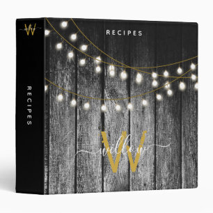 Rustic Wood Gold String Lights Monogram Recipe Binder